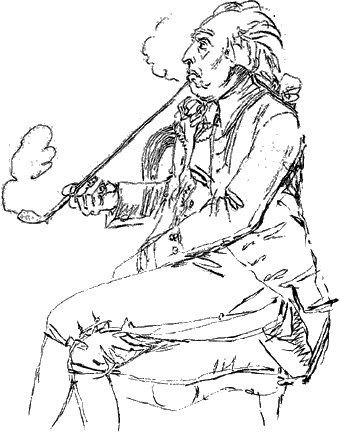 Bellman rökande pipa. Tuschteckning av J.T. Sergel.
